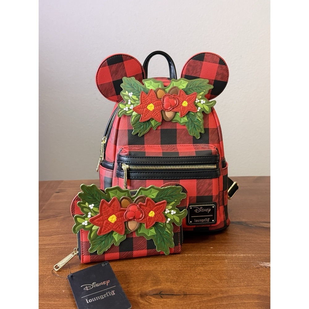 Loungefly Disney Minnie Mouse Plaid Holiday Christmas Mini Backpack Wallet Set